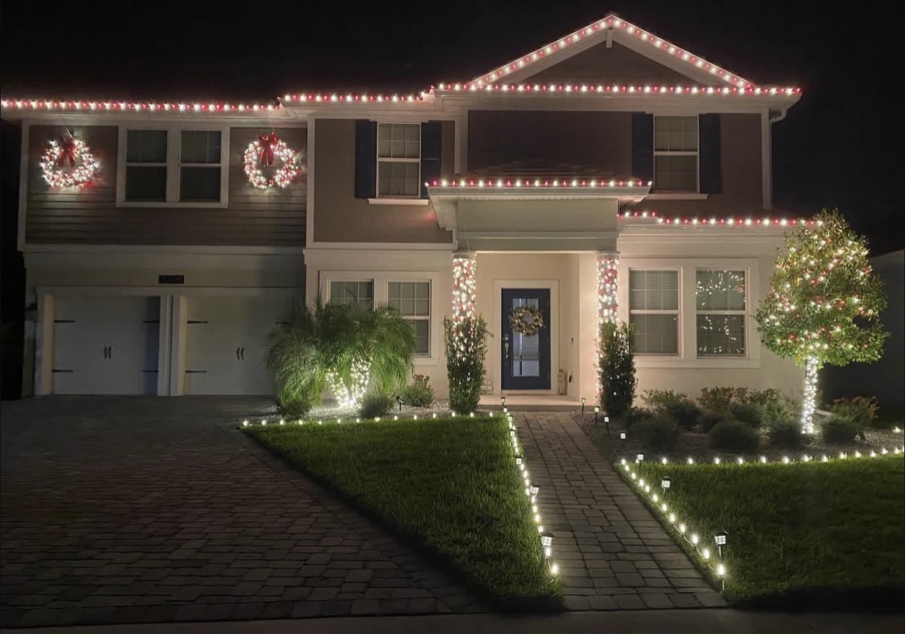 Christmas roofline, wreaths, wrapped columns and illuminated walkways